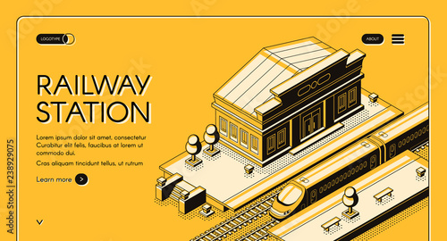 Railroad transport isometric vector web banner with modern high-speed express train stopping on old railway station to pick up passengers line art illustration. Public transport company landing page