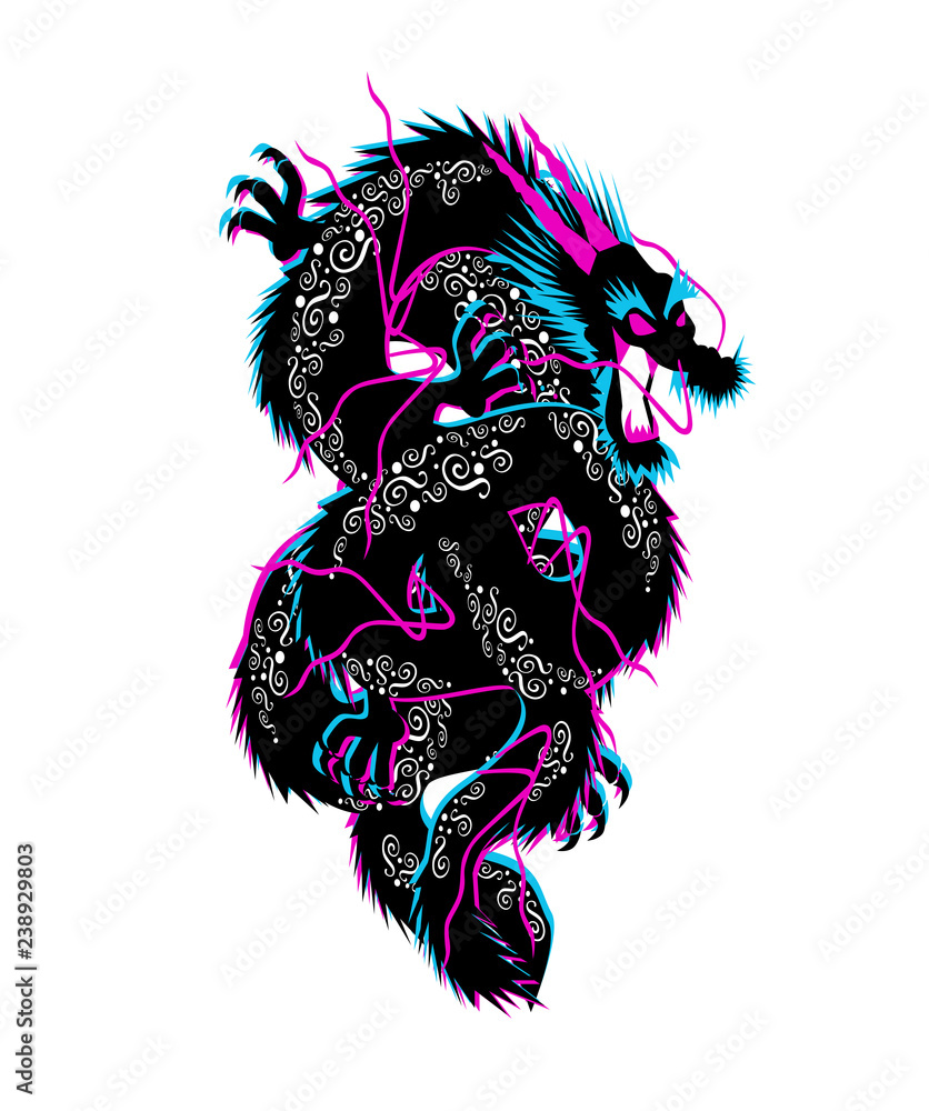 Black dragon with ornament details, 3D vector illustration background