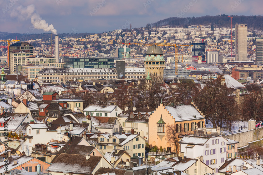 The city of Zurich in Switzerland as seen from the tower of the Grossmunster cathedral in winter