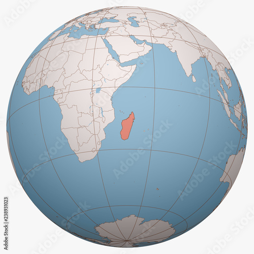 Madagascar on the globe. Earth hemisphere centered at the location of the Republic of Madagascar. Madagascar map.