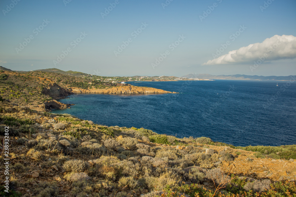 beautiful south Aegean sea nature scenery landscape with bay shoreline and waterfront hills 