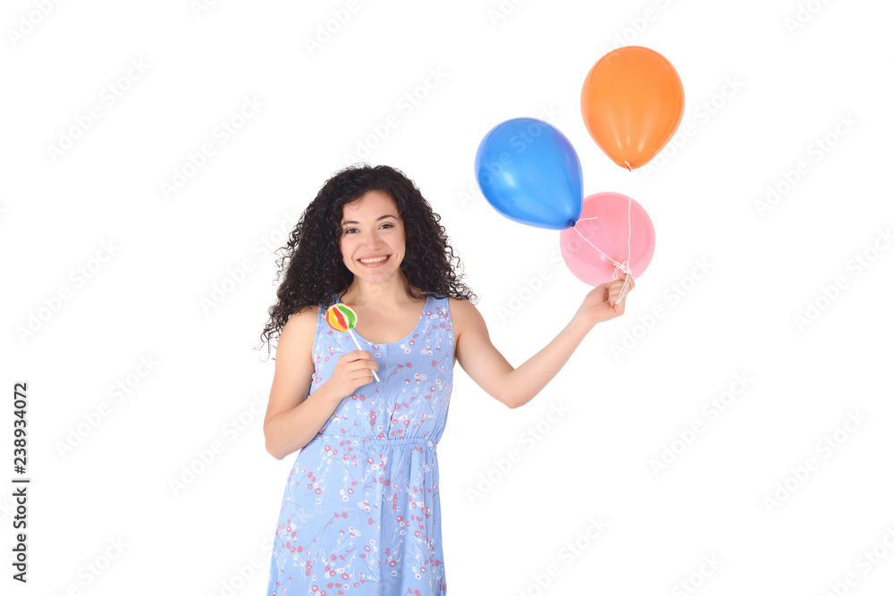 Beautiful Woman with sweet lollipop and baloons. Beautiful Woman with sweet lollipop and baloons.