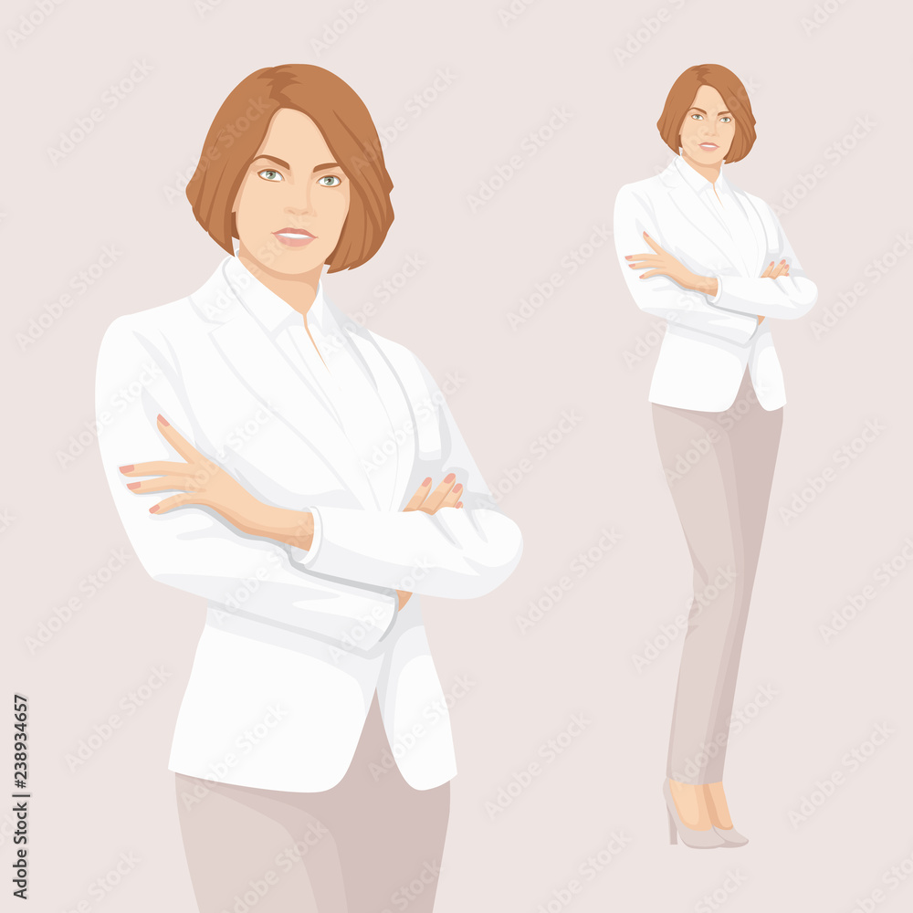 Elegant Business Woman in White Costume. Folding Arms. Elegant Business Woman in White Costume. Folding Arms.