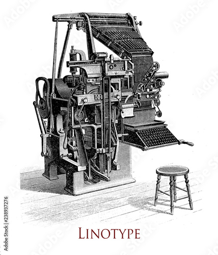 Linotype printing machine, it produces an entire line of metal type at once, significative improvement over the previous industry standard of  manual  letter-by-letter typesetting