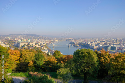 Scenic view of ancient historic tourist city Budapest and famous river Danube with bridges over it in autumn in morning light in Hungary