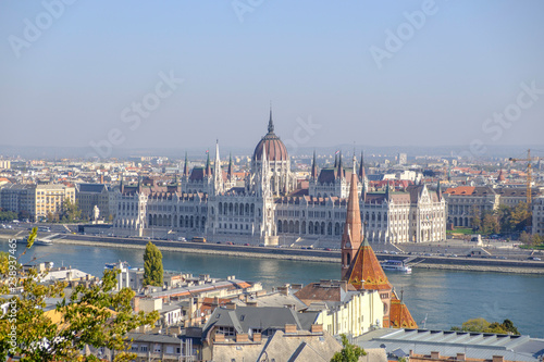 Scenic aerial view of Hungarian parliament in ancient historic tourist city Budapest in daylight light in Hungary