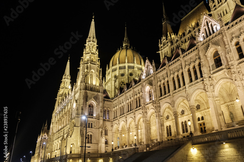 Scenic view of Hungarian parliament in ancient historic tourist city Budapest in nightlight illumination in Hungary