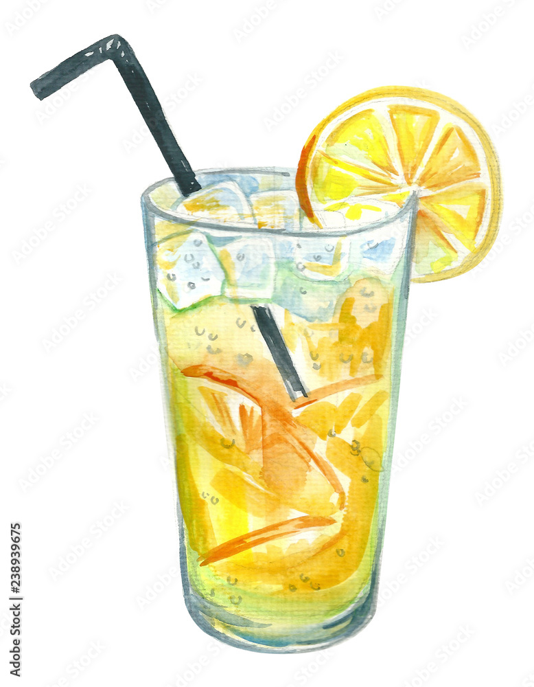 Lemonade with lemon. Image of a drink. Watercolor hand drawn illustration Lemonade with lemon. Image of a drink. Watercolor hand drawn illustration
