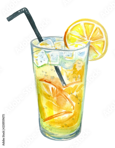 Lemonade with lemon. Image of a drink. Watercolor hand drawn illustration