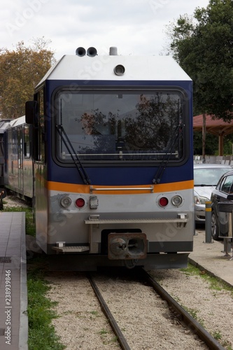 Odontotos new small train is approaching the railway station at the town of Diakopto in Achaea Greece to take passengers and tourists to Kalavryta city