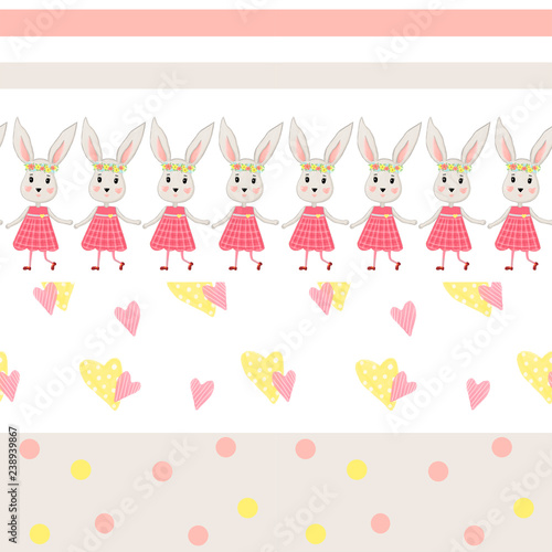 Seamless pattern with a cartoon bunny in a pink dress and a background with a pink and gray stripe, hearts and circles