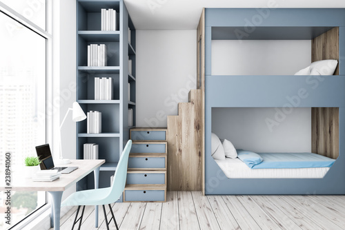 Gray bunk bed bedroom interior, computer desk