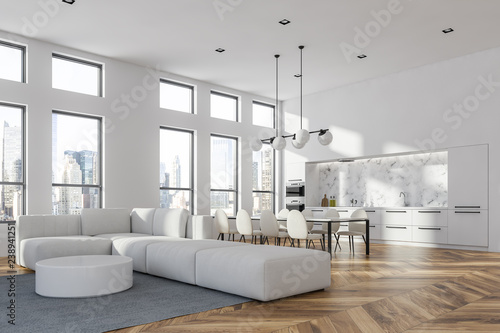 White living room and dining room corner