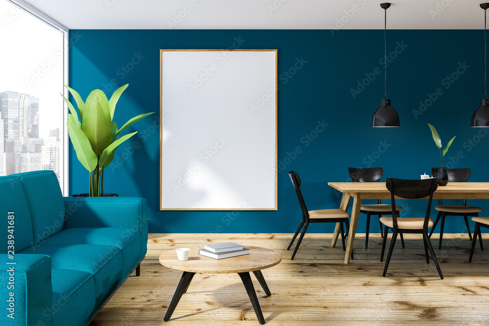 Blue loft dining room interior, sofa, poster Blue loft dining room interior, sofa, poster