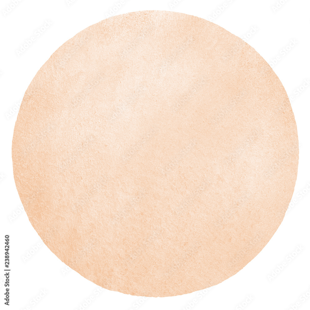 Natural, rose beige watercolor round background with stains. Circle shape.  Human skin, foundation color painted watercolour texture. Pastel, soft,  light brown aquarelle template. Stock Illustration