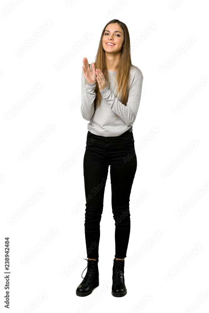 Full-length shot of young girl applauding after presentation in a conference on isolated white background Full-length shot of young girl applauding after presentation in a conference on isolated white background