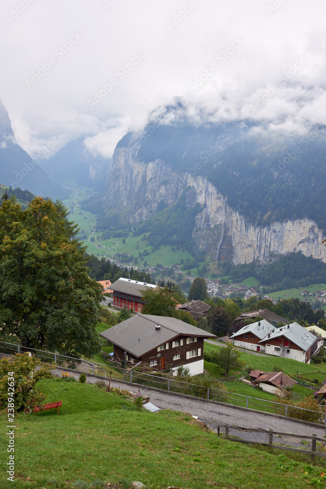 Mountain view from Wengen village in Lauterbrunnen in Switzerland.