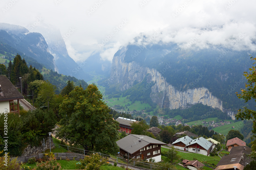Mountain view from Wengen village in Lauterbrunnen in Switzerland.