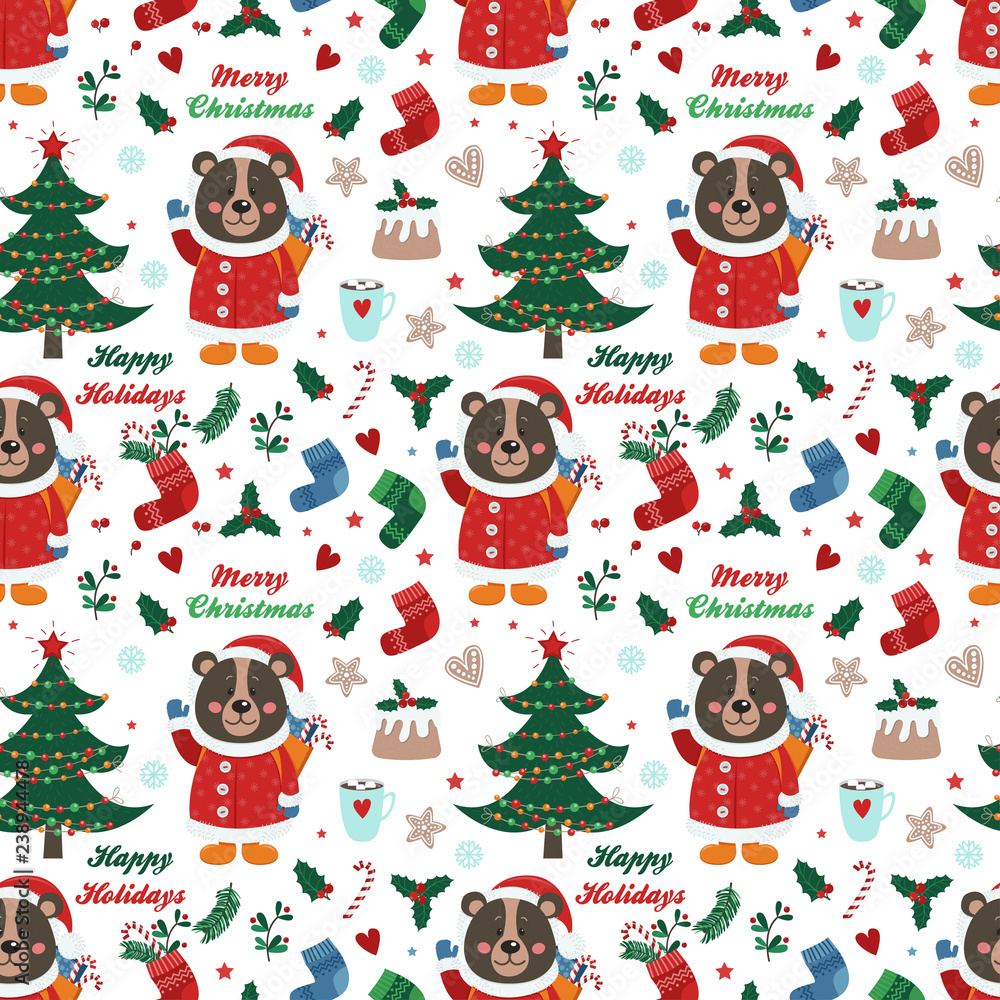 Seamless pattern with bear and Christmas items Seamless pattern with bear and Christmas items