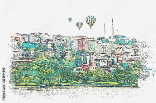 A watercolor sketch or illustration of a beautiful view of the traditional architecture in Istanbul  Turkey. Hot air balloons are flying in the sky.