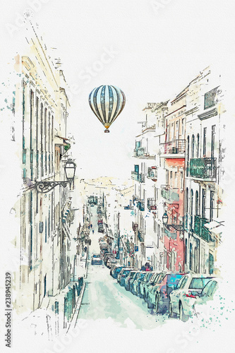 illustration Traditional street with houses and road in Lisbon in Portugal. Hot air balloon flies in the sky.