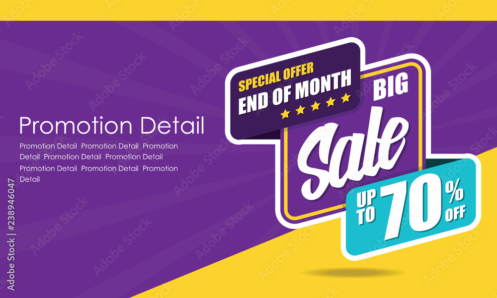 Fototapeta premium Sale banner template design, poster, Special Offer And Of Month, discounts, up to 70% off. Vector illustration. Store label. Communication poster