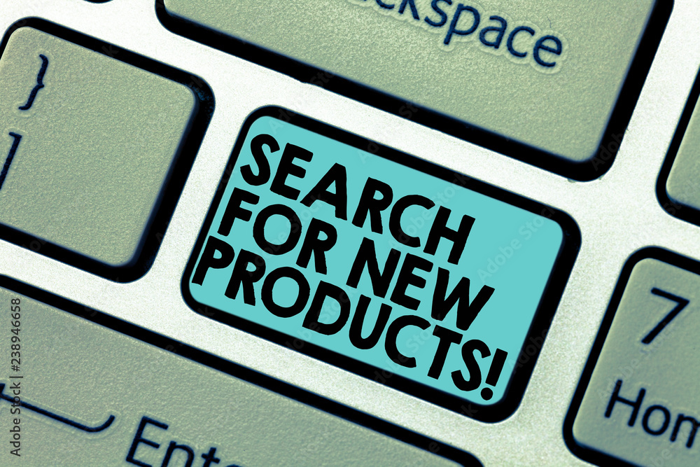 Text sign showing Search For New Products. Conceptual photo Look different things to sell get other customers Keyboard key Intention to create computer message pressing keypad idea Text sign showing Search For New Products. Conceptual photo Look different things to sell get other customers Keyboard key Intention to create computer message pressing keypad idea