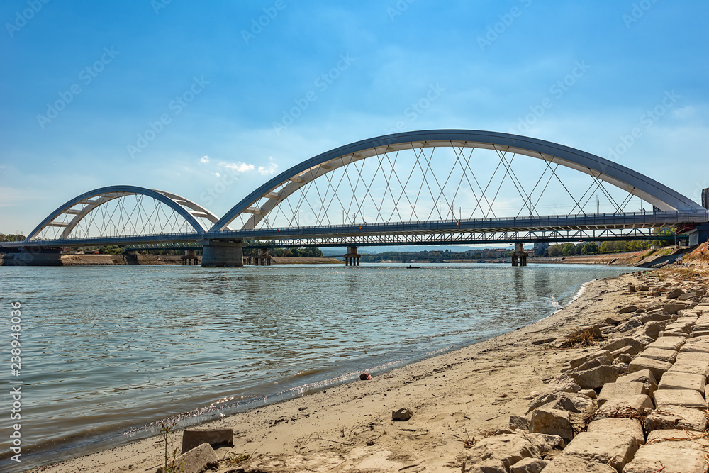 Novi Sad, Serbia - September 18, 2018: Zezelj bridge over Danube in Novi Sad Novi Sad, Serbia - September 18, 2018: Zezelj bridge over Danube in Novi Sad