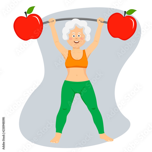 Happy elderly woman exercising dumbbell bar with apples