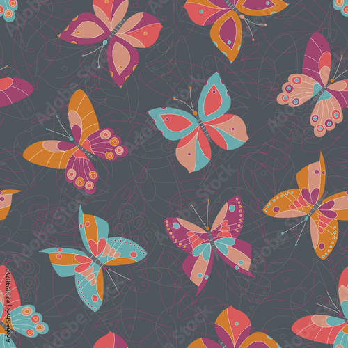 Abstract Colorful Butterflies on Dark Grey Textured Background Vector Seamless Pattern. Bold and Bright Insects Texture