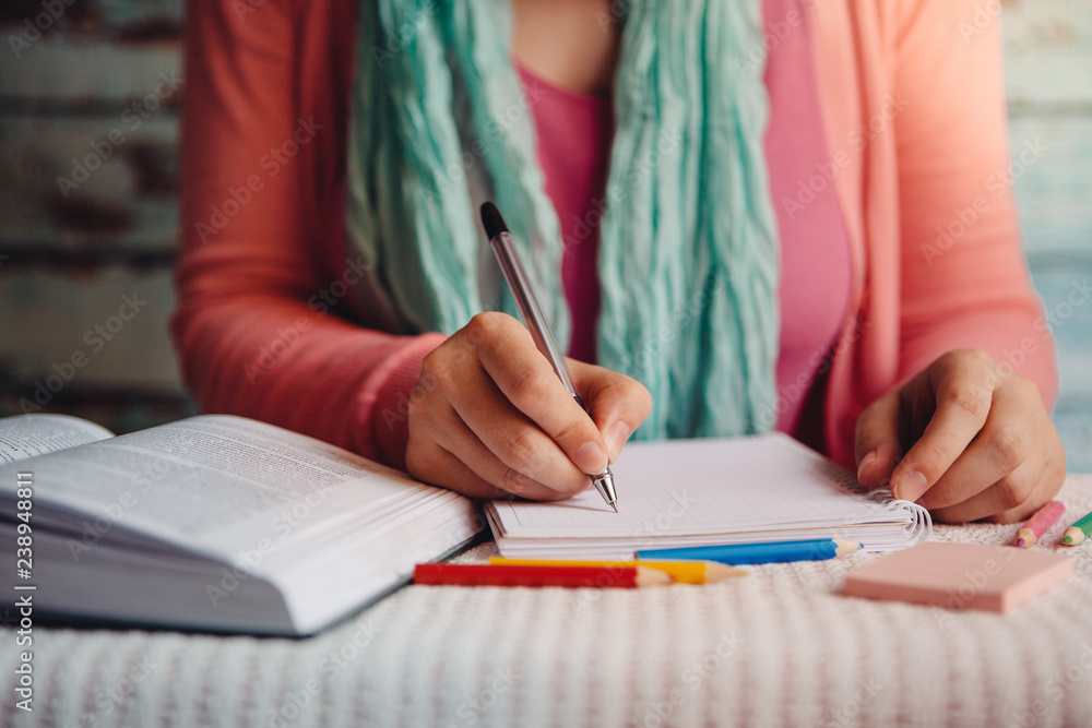 Young woman read and write, education or leisure concept with student Young woman read and write, education or leisure concept with student