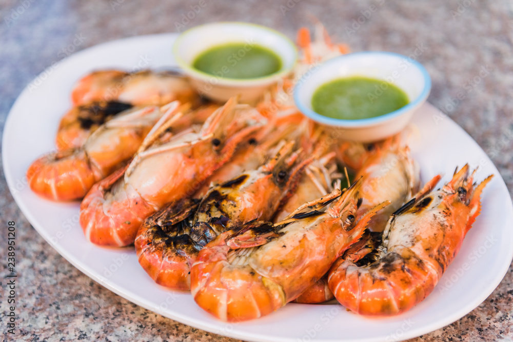 Thai BBQ Shrimps with seafood sauce.