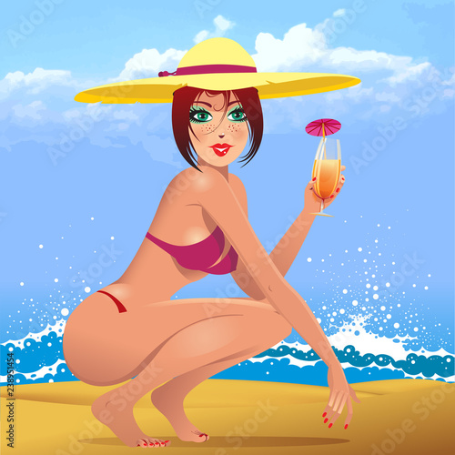 Woman on the beach with cocktail