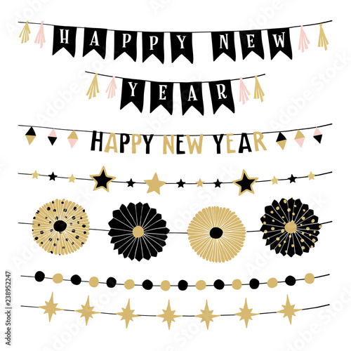 Set of birthday or New Year decorative borders, strings or garlands. Party decoration with stars, bunting flags and paper rosettes . Black and gold isolated vector objects.