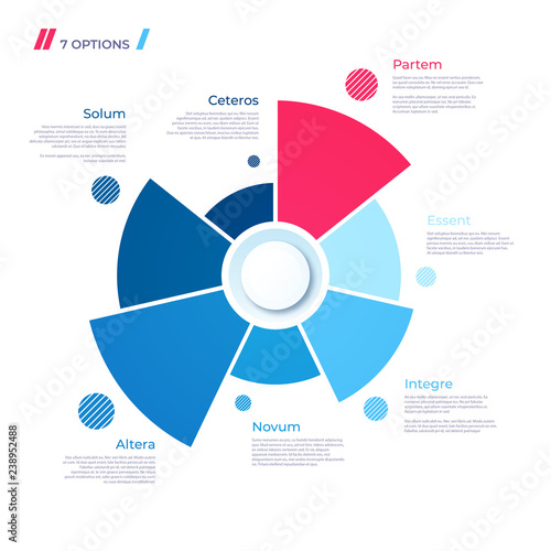 Pie chart concept with 7 parts. Vector template for web, present