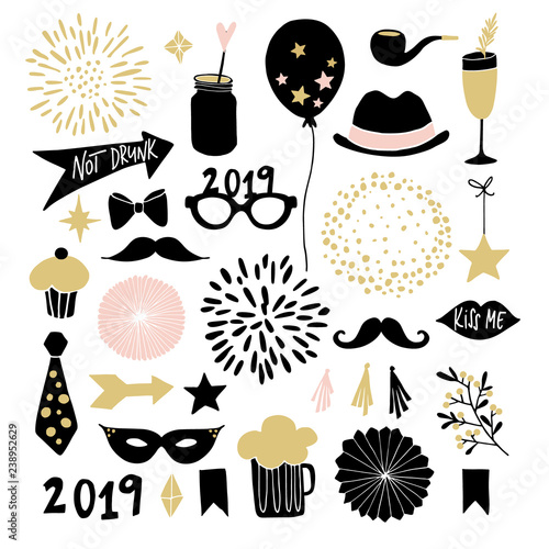 Set of hand drawn New Year or birthday party graphic elements. Fireworks, drinks, cupcake, moustache and decorations. Isolated vector objects. Photo booth props.