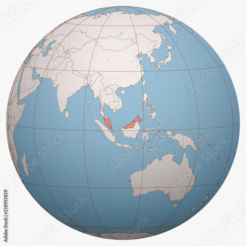 Malaysia on the globe. Earth hemisphere centered at the location of Malaysia. Malaysia map.