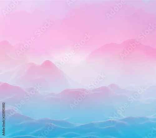 Abstract futuristic 3D mountains foggy landscape on alien planet. Space surface - sci-fi backdrop. Virtual reality concept or cyberspace background. Fictional world, vector EPS10 illustration. © Maksim Kabakou
