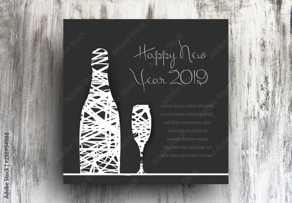 New Years Card Layout with Bottle and Glass Illustration Stock Template ...