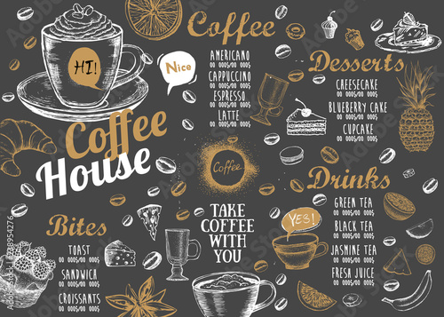 Coffee house menu. Restaurant cafe menu, template design. Food flyer.