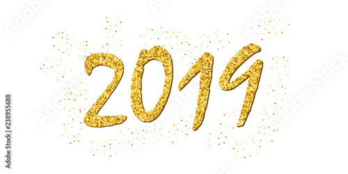 Happy New Year gold number 2019. Bright golden design with sparkle, isolated white background. Holiday glitter typography for Christmas banner, calendar, decoration, greeting card. Vector illustration