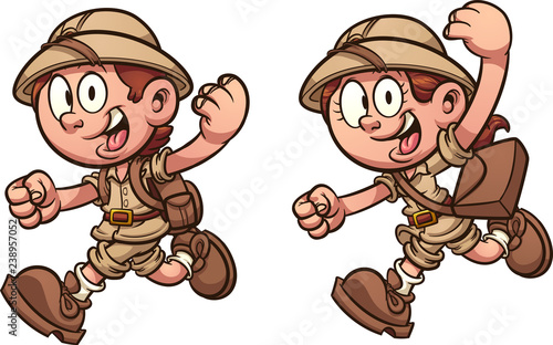 Cartoon kids running with safari costumes. Vector clip art illustration with simple gradients. Each on a separate layer.