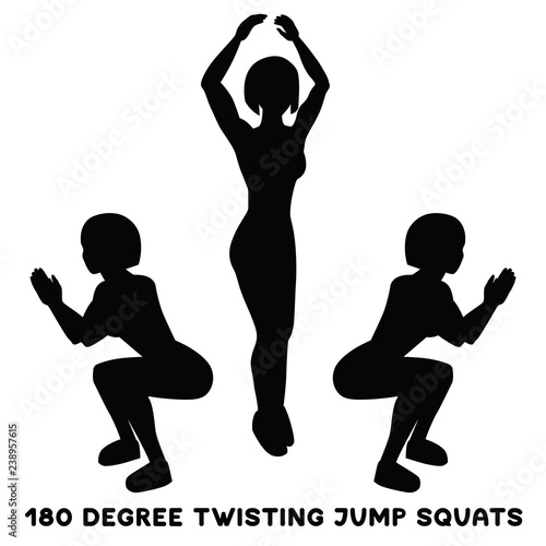 180 degree twisting jump squats. Sport exersice. Silhouettes of woman doing exercise. Workout, training.