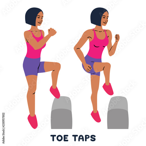 Toe taps. Sport exersice. Silhouettes of woman doing exercise. Workout, training.