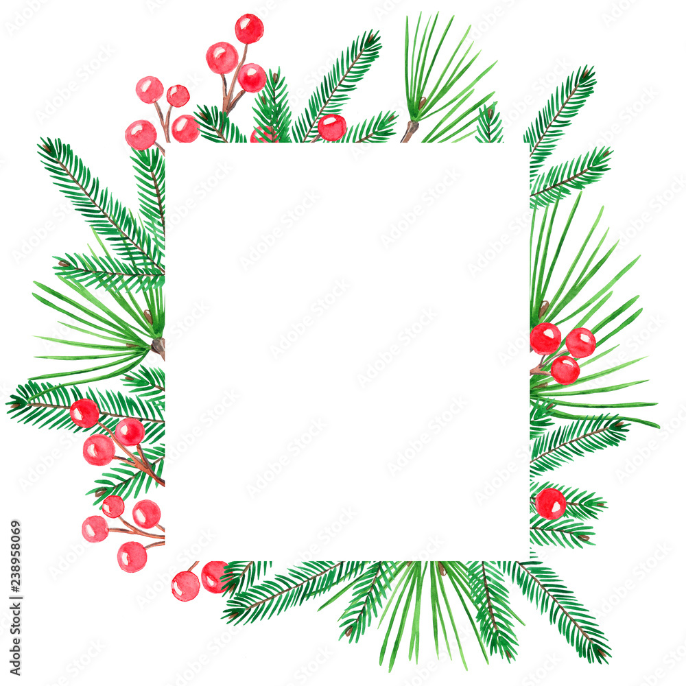 Christmas frame with green pain branches and red berries Christmas frame with green pain branches and red berries