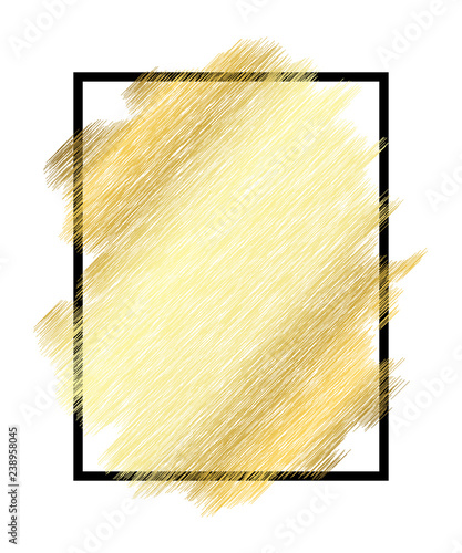 Gold metall texture, black frame. Golden color paint stroke isolated white background. Glitter stain design bright border, frame, Happy New Year banner, Christmas celebration. Vector illustration