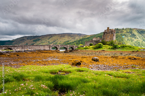 Eilean Donan Castle in the Highlands of Scotland on a cloudy day and low tide  ancient castle with sandstone bridge  lush nature with colorful moss and lichens 