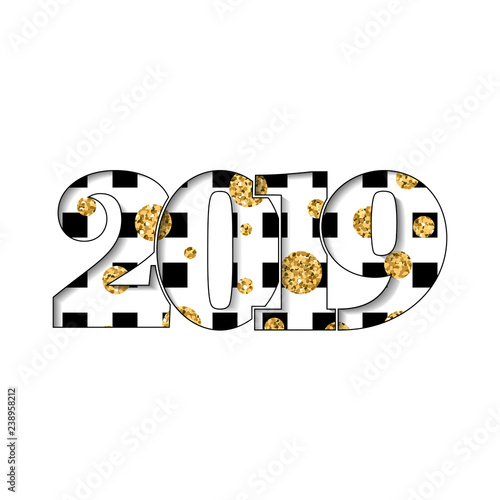 Happy new year card. Black white number 2019, gold hearts square texture, isolated background. Bright graphic design holiday celebration, greeting, Christmas banner decoration. Vector illustration