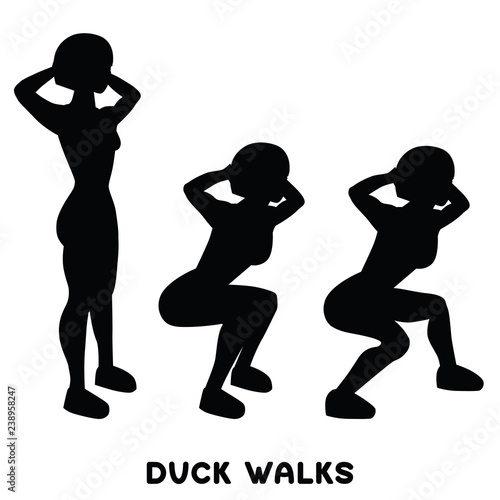 Duck walks. Squat. Sport exersice. Silhouettes of woman doing exercise. Workout  training.