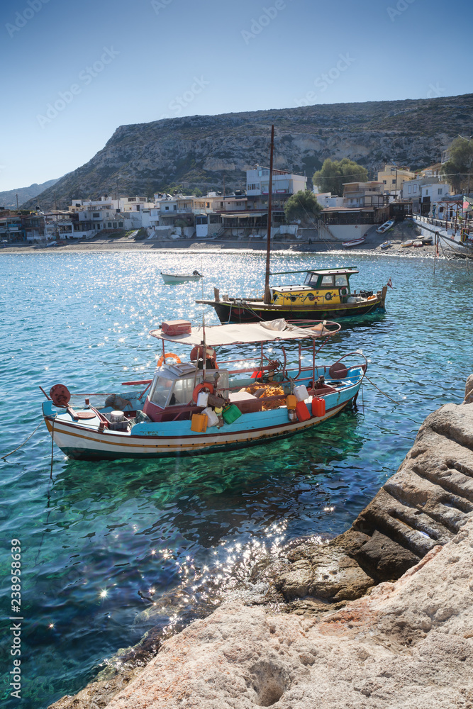 Boats in Matala on Crete Island, Greece